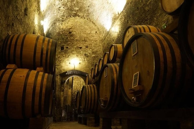 Oak casks in a stone cellar under the old town, lit by a single lamp