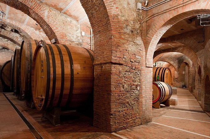 Large casks under the brick arches of a cellar below the town