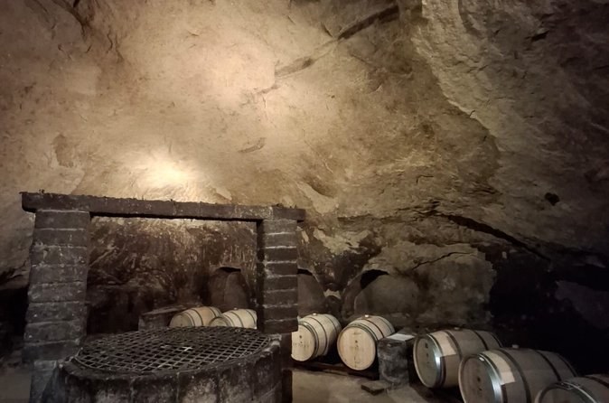 A cellar cut out of the rock, small barrels stacked beside an old press